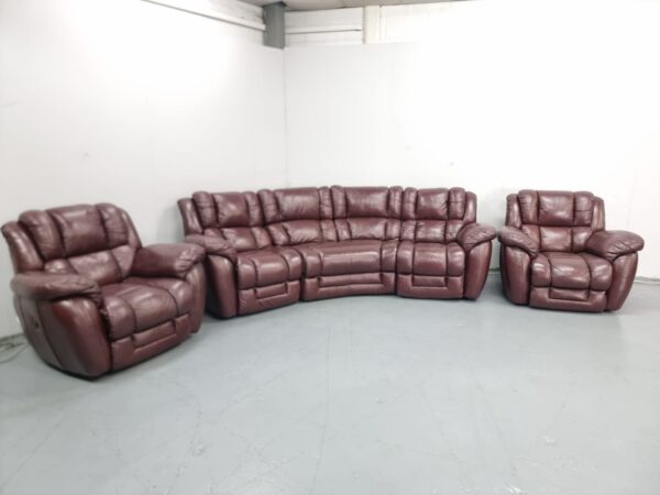 Lazyboy Oxblood Leather Curve Static Corner Sofa and Recliner Chair with Static Chair - Image 2