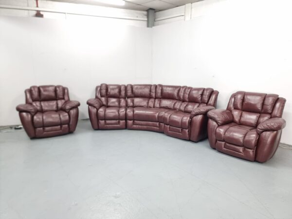 Lazyboy Oxblood Leather Curve Static Corner Sofa and Recliner Chair with Static Chair - Image 3