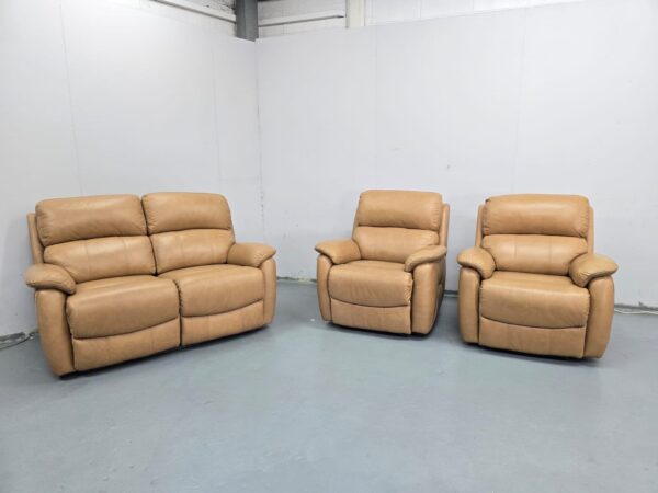 Dfs Beige Leather 3 Piece Suite Manual Recliner Sofa and Chairs