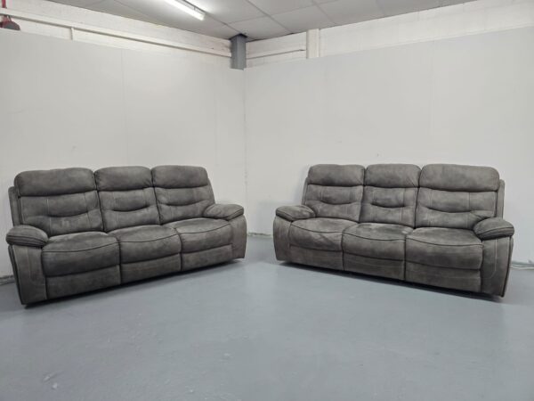 Ex Display Dfs Grey Suede 3 and 3 Seater Manual Recliner Sofas - Image 2