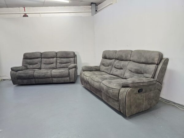 Ex Display Dfs Grey Suede 3 and 3 Seater Manual Recliner Sofas - Image 3