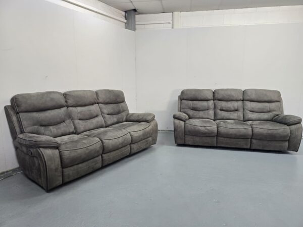 Ex Display Dfs Grey Suede 3 and 3 Seater Manual Recliner Sofas - Image 4
