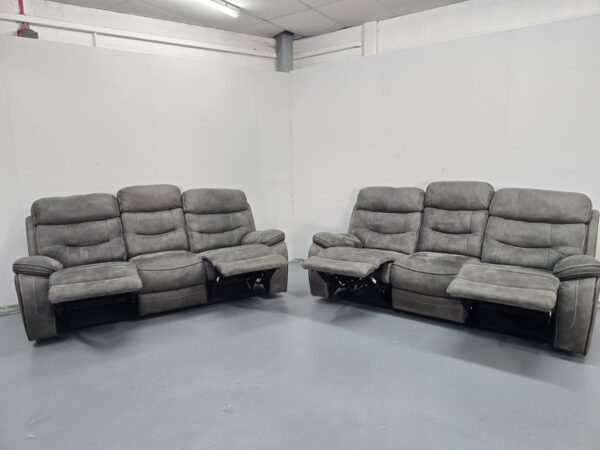 Ex Display Dfs Grey Suede 3 and 3 Seater Manual Recliner Sofas - Image 10