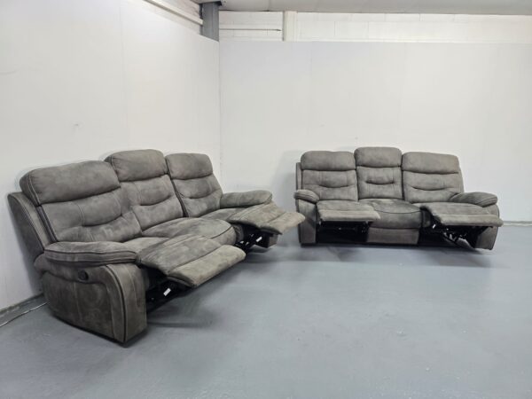 Ex Display Dfs Grey Suede 3 and 3 Seater Manual Recliner Sofas - Image 9