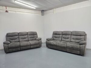 Ex Display Dfs Grey Suede 3 and 3 Seater Manual Recliner Sofas