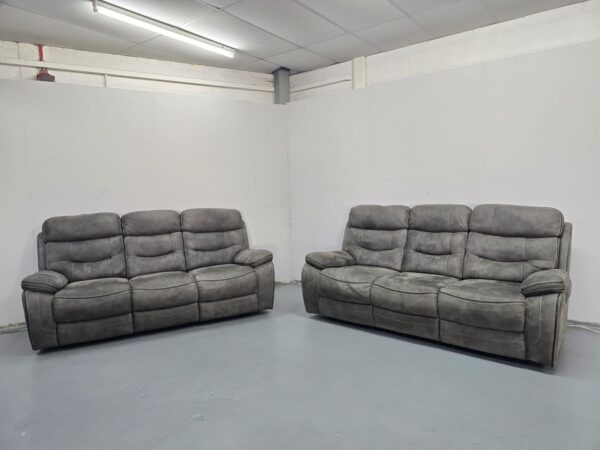 Ex Display Dfs Grey Suede 3 and 3 Seater Manual Recliner Sofas