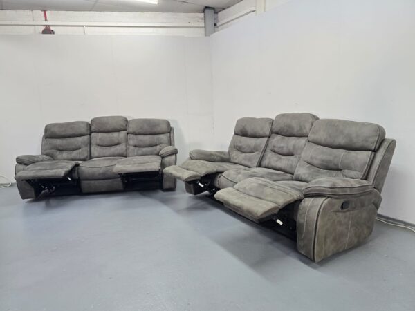 Ex Display Dfs Grey Suede 3 and 3 Seater Manual Recliner Sofas - Image 8