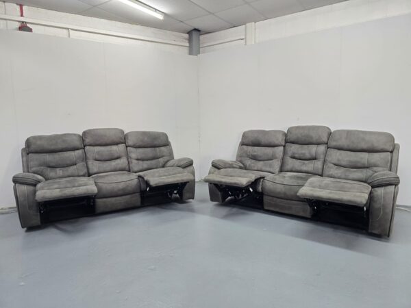 Ex Display Dfs Grey Suede 3 and 3 Seater Manual Recliner Sofas - Image 7