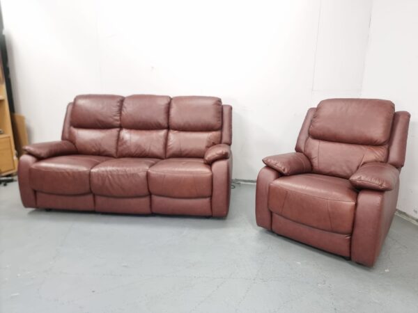 Brown Leather 3 and 1 Seater Static Sofa and Chair - Image 5