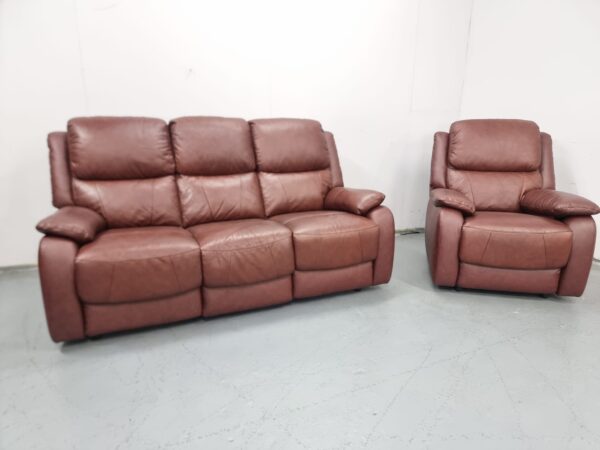 Brown Leather 3 and 1 Seater Static Sofa and Chair - Image 4