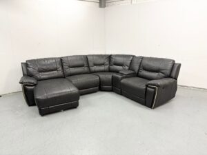 Black Leather Manual Recliner Corner Chaise Sofa With Cup Holders