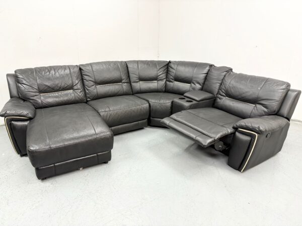 Black Leather Manual Recliner Corner Chaise Sofa With Cup Holders - Image 2
