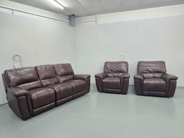 Brown Leather 3 Piece Suite Manual Recliner Sofa and Chairs - Image 3