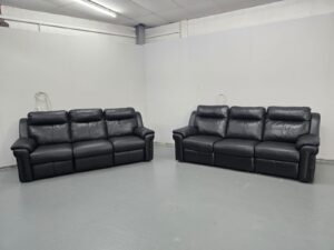 Black Leather 3 and 3 Seater Manual Recliner Sofas