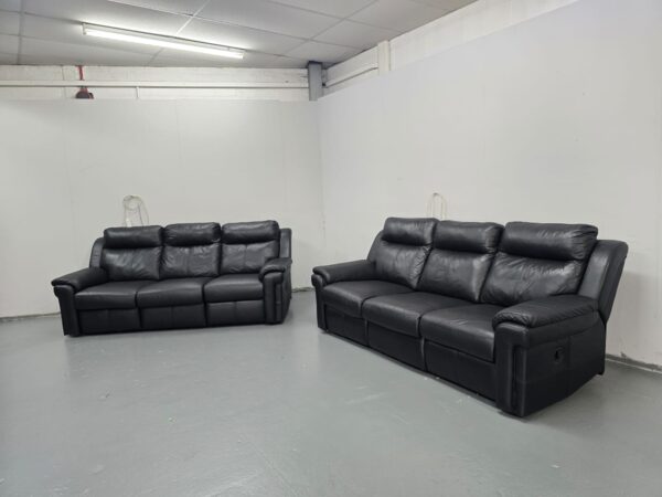 Black Leather 3 and 3 Seater Manual Recliner Sofas - Image 3