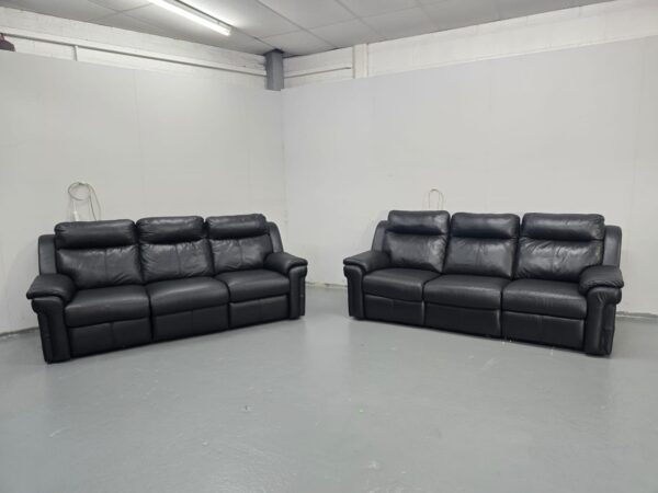 Black Leather 3 and 3 Seater Manual Recliner Sofas - Image 4