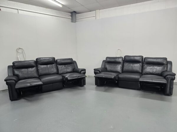 Black Leather 3 and 3 Seater Manual Recliner Sofas - Image 5