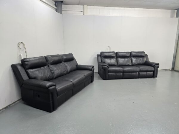 Black Leather 3 and 3 Seater Manual Recliner Sofas - Image 2