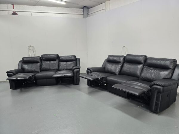 Black Leather 3 and 3 Seater Manual Recliner Sofas - Image 7