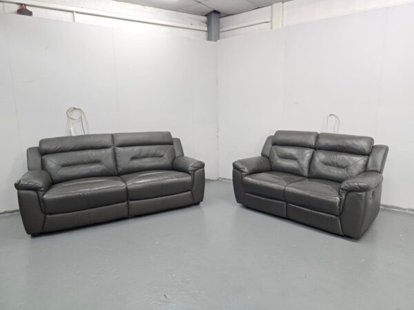 Ex Display Grey Leather 3 Seater Static and 2 Seater Manual Recliner Sofas