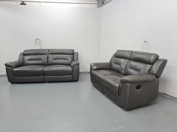 Ex Display Grey Leather 3 Seater Static and 2 Seater Manual Recliner Sofas - Image 2