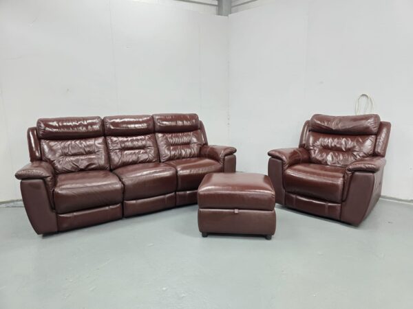 Brown Leather 3 and 1 Seater Manual Recliner Sofa and Chair with Footstool
