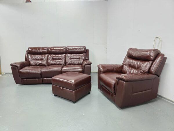 Brown Leather 3 and 1 Seater Manual Recliner Sofa and Chair with Footstool - Image 3