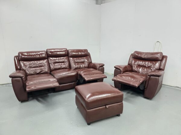 Brown Leather 3 and 1 Seater Manual Recliner Sofa and Chair with Footstool - Image 6