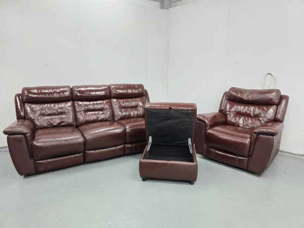Brown Leather 3 and 1 Seater Manual Recliner Sofa and Chair with Footstool - Image 7