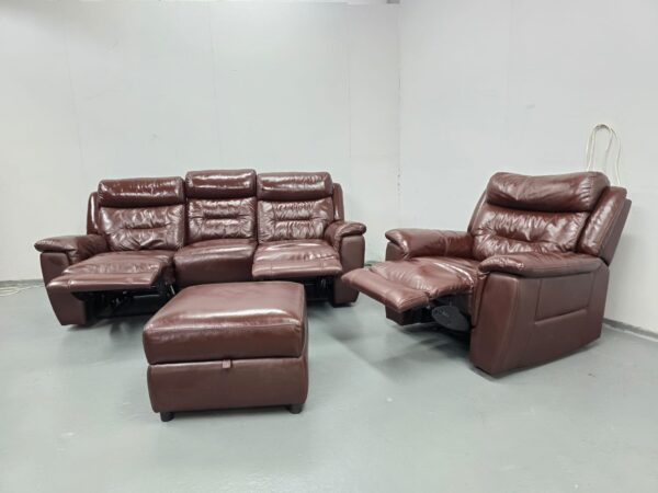 Brown Leather 3 and 1 Seater Manual Recliner Sofa and Chair with Footstool - Image 4