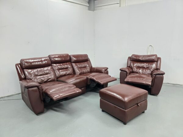Brown Leather 3 and 1 Seater Manual Recliner Sofa and Chair with Footstool - Image 5