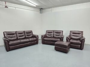 Ex Display Sofology Oxblood Leather 3 Piece Suite Sofas and Chair with Ottoman