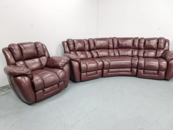Lazyboy Oxblood Leather Curve Static Corner Sofa and Recliner Chair with Static Chair - Image 5